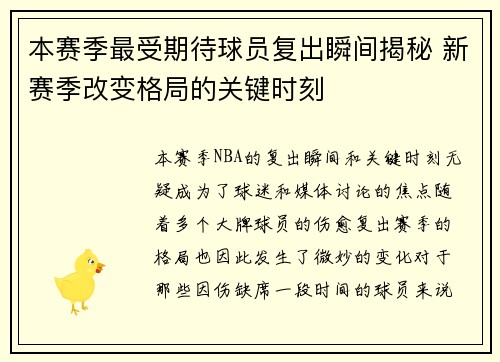 本赛季最受期待球员复出瞬间揭秘 新赛季改变格局的关键时刻