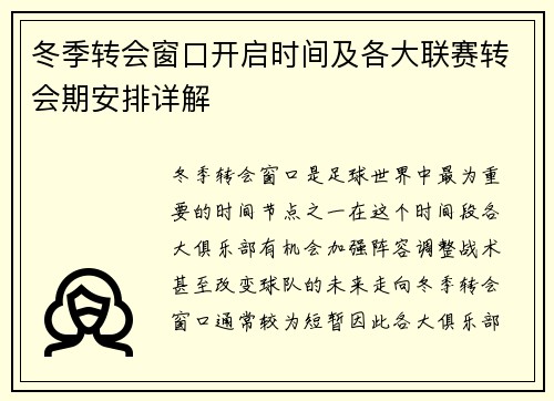 冬季转会窗口开启时间及各大联赛转会期安排详解 冬季转会窗口开启时间及各大联赛转会期安排详解